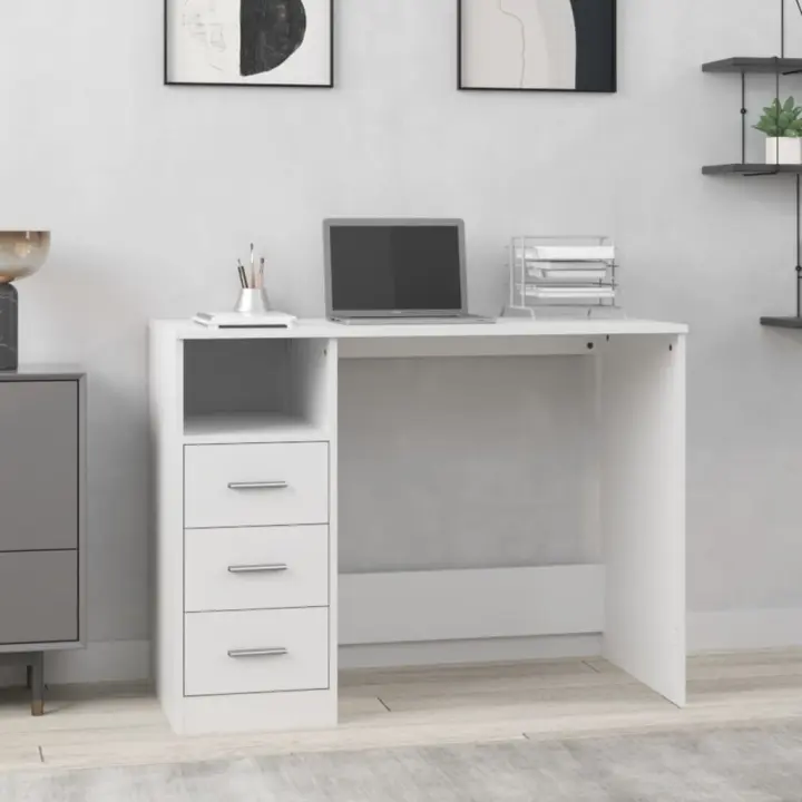 vidaXL Escritorio cajones madera contrachapada 102x50x76 cm en color Blanco/Blanco brillante/Gris hormigón y más | estructura resistente ideal para salón dormitorio o estudio - 1