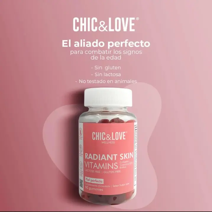CHIC & LOVE Gominolas para el Cuidado de la Piel | Vitaminas A, E, C, Biotina (B7), Coenzima Q10, Colágeno | SIN Gluten, SIN Lactosa | Sabor Frutos Rojos - 1