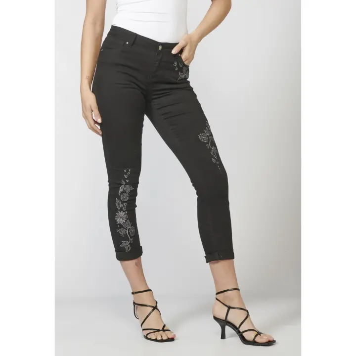 Koroshi - Pantalón slim fit mujer de sarga elástica 97% algodón y 3% elastano con bordado floral para uso diario y oficina casual - Koroshi 2212PT04 - 1