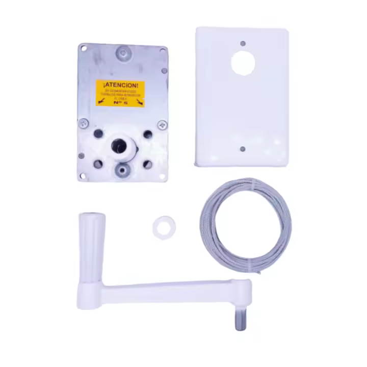 Mecanismo Gaviota de Torno con Manivela para Persianas, Cable de Acero 6m, Placa Inoxidable y Tapa de Eje Blanca - 1