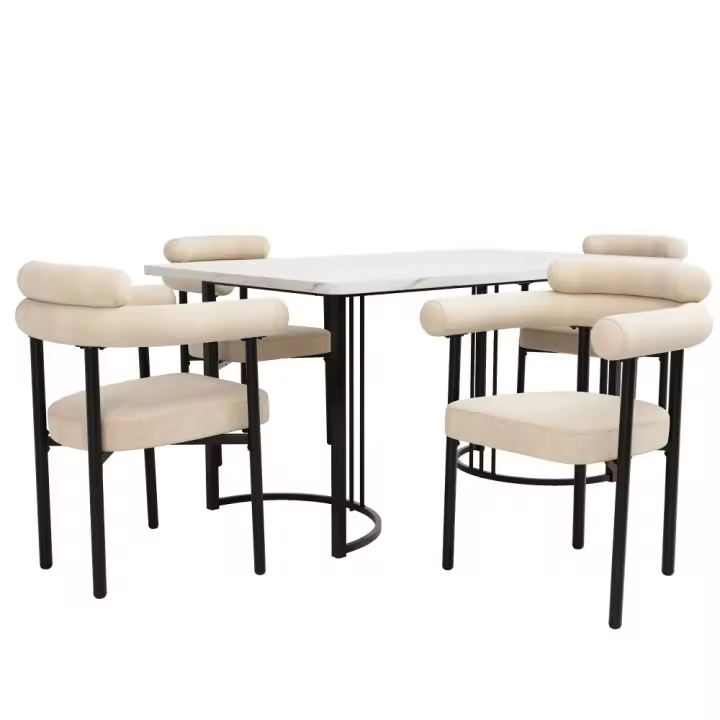 Conjunto de Mesa y sillas de Comedor con patas metálicas de Diseño y Sillas huecs de ante Cream, elegantes y cómodos para el comedor - 1