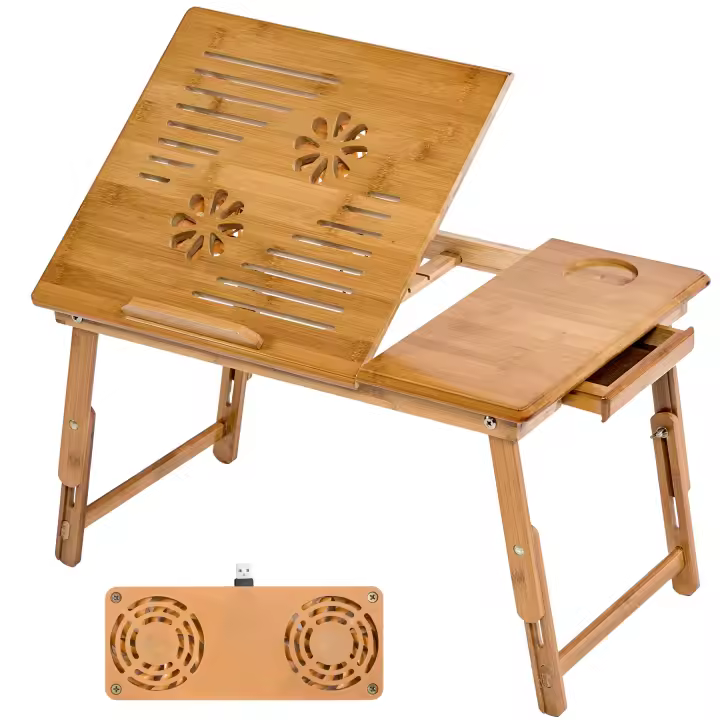 Tectake - Mesa para portátil de bambú Kerstin, 55 x 35 x 26 cm ajustable y con puerto USB, Con cajón, tablero abatible en 4 posiciones, Material: madera de bambú de alta calidad lacada, Incluye ventilador con puerto USB 5 V - 1