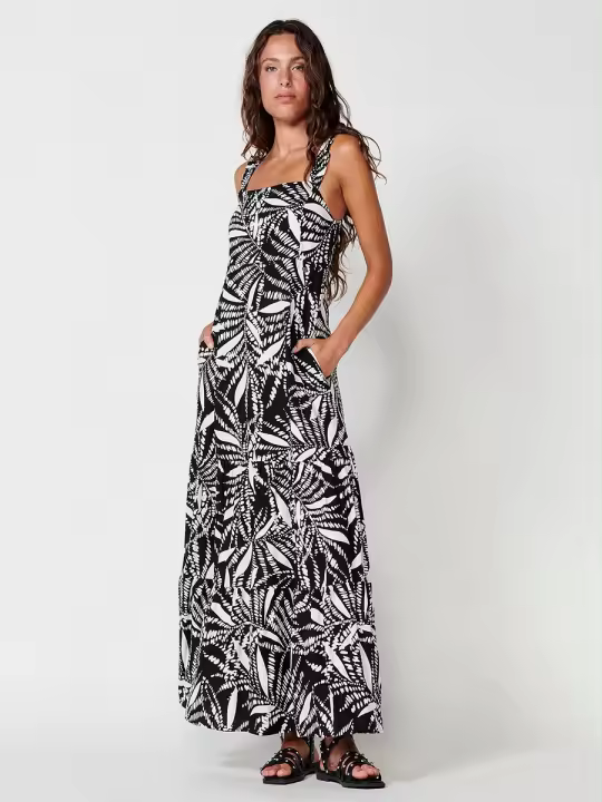 Koroshi Vestido Largo y Fluido, Escote Palabra de Honor, Tirante Ancho y Espalda con Pieza Fruncida, Estampado Tropical en Negro - 1