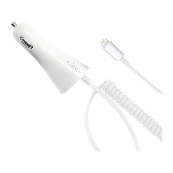 Cargador coche PURO Lightning MFI 1A cable rizado 1.5m blanco - 1