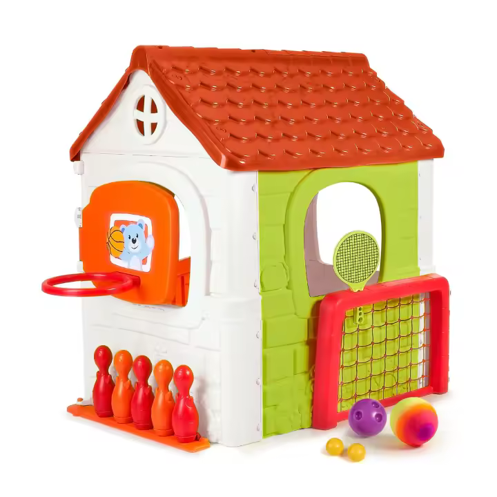FEBER- Multi-Activity House 6in1, Casa Infantil con Bolos, Raquetas, Juegos de Pelota, Futbol, Baloncesto, Diana de Velcro, Juegos de imitación, a Partir de 3 años, Famosa (FEH15000), Versión actual - 1