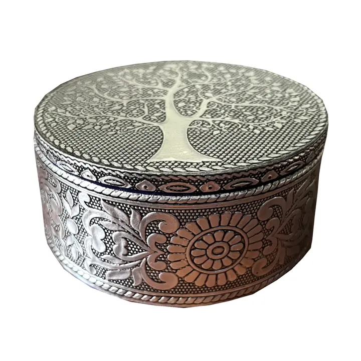 CAPRILO REGALOS & DECORACIÓN Caja Decorativa Étnica de Aluminio y Madera de Mango " Árbol de la Vida". Cajas Multiusos y Joyeros. Detalles de Colección. Regalos Originales Decoración Hogar. 10 x 10 x 5 cm - 1