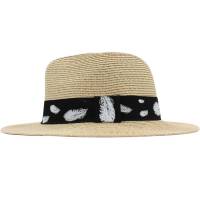 Kebedo Moda Sombrero de Paja para Hombre Mujer Estilo Panamá Transpirable Sombrero de Verano con Cinta Decorativa Estampada Plumas para Playa, Sol y Viaje, Diseño de ala Ancha Unisex, Talla Única Ajustable 58-59CM - details 3