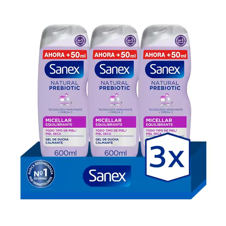 Gel de ducha o baño Sanex BiomeProtect Micellar sin jabón 550 ml  + 50ml. Pack 3 - 1