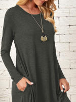 Vestido Largo Casual Para Mujer De Color Sólido Con Cuello En V Y Bolsillos Estilo Europeo Y Americano Para Otoño E Invierno Vestido Suelto Con Corte Curvo - details 2
