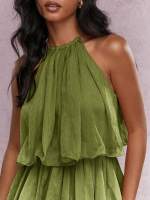 Vestido Boho Elegante De Mujer Con Volantes Y Tirantes Mini Vestido Sin Mangas Halter Para Fiesta Verde Holgado Y Fluyente Para Fiestas De Navidad - details 0