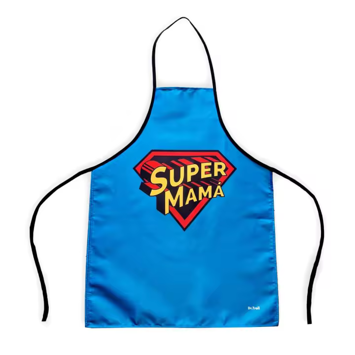 Dr. Troll Delantal Super Mamá con el fondo de color azul y escudo de superheroína - 1