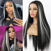 Peluca Sintética De Encaje Delante Blanco Y Negro Larga Y Recta Sin Pegamento Antes Escobillada Con Pelo De Bebé Fibra Resistente Al Calor - details 1