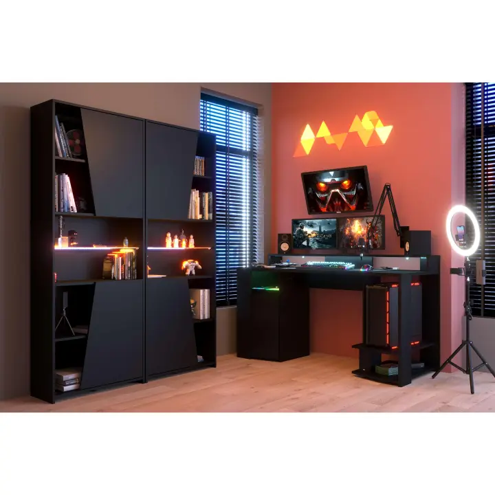 Pack muebles gaming con LED incluido color negro estilo moderno (mesa gamer + 2 estanterías) - 1