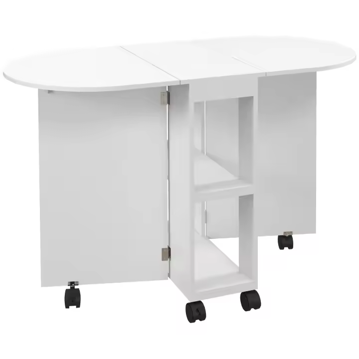HOMCOM Mesa de Comedor Plegable con Ruedas Mesa de Cocina con Alas Abatibles y 2 Estantes Abiertos Estilo Moderno Carga 80 kg 120x60x77 cm Blanco - 1