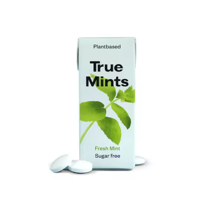True Gum - True Mints - Caramelos sin plástico de Menta fresca - Vegano, sin azúcar añadido y sin aditivos - Estuche de 18 unidades - 1