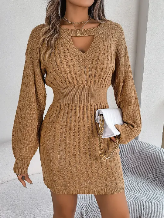 Vestido De Lana Otoño Invierno Para Mujer Estilo Casual Con Mangas Farol Y Cuello Redondo Color Sólido Ajuste Regular Longitud Mini - 1