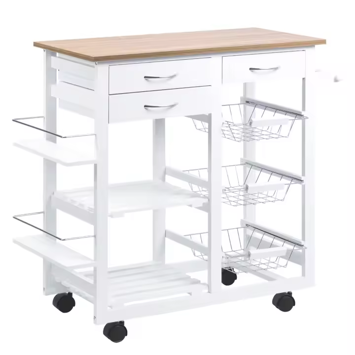 HOMCOM Carrito de Cocina Carro de Servicio Multifuncional con Cajones Cestas Estantes para Especias Toallero Ruedas 92x37x82 cm Blanco - 1