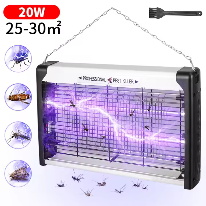 Lámpara antimosquitos 20W 1800V Alcance efectivo de la lámpara UV 25-30 m² Mata moscas para interiores y exteriores con cepillo de limpieza Lampara Mata Insectos para interior o exterior - 1