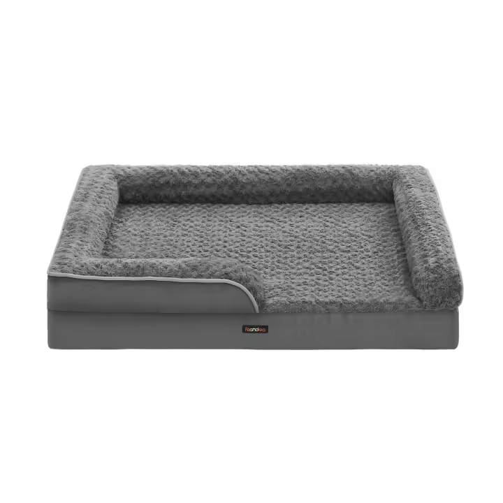 Feandrea Cama Perro Grande, Caseta para Mascotas, Ortopédica con Espuma Corrugada, Bordes Elevados Acolchados, Funda Extraíble Motivo Rosa Peluche, 106 x 81 x 18/122 x 89 x 18 cm, Gris Pizarra, Regalo de Navidad - 1