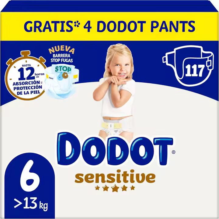 Dodot Pañales Bebé Sensitive, Talla 6 (+13 kg), 117 Pañales + 4 Pants Activity Regalo, Nº1 en Proteccion de la Piel de Dodot - 1