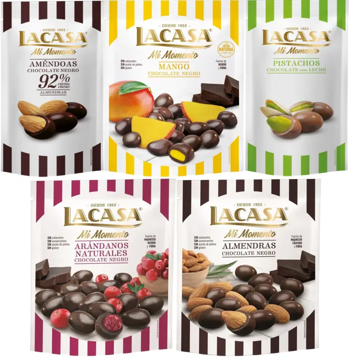 Lacasa Mi Momento pack de 5:Pistacho Chocolate Leche ,Almendra 92% ,Arándano Chocolate Negro ,Almendra Chocolate Negro ,Mango Chocolate Negro - 1