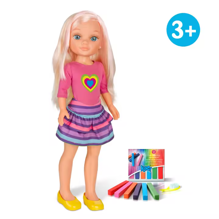 Nancy - Un día haciendo mechas, Muñeca Rubia con pelo largo para hacer Mechas y Peinados Creativos con Tizas de Colores, Accesorios Incluidos, Regalo para Niños y Niñas + 3 años, Famosa (700013865) - 1