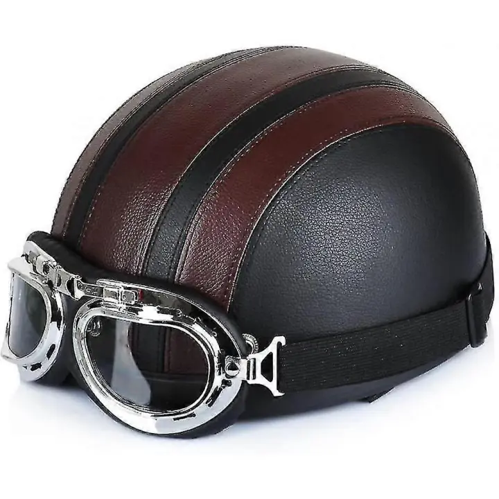 Motocicleta scooter abierto de media cara casco de cuero con gafas anti-uv Estilo Vintage retro 54-6 PVE - 1