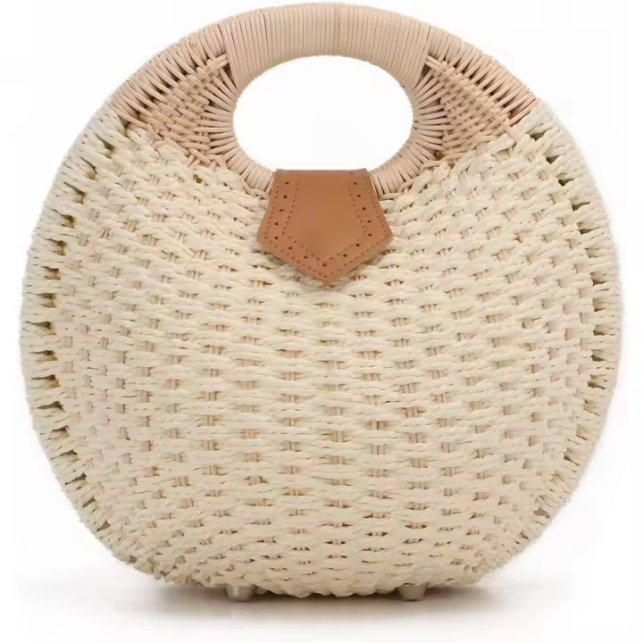 Monederos de paja para Mujer, Bolsa de ratán de Verano para Playa, Bolsa de mano con ASA Redonda, Bolsa de Concha Tejida by hand Retro - 1