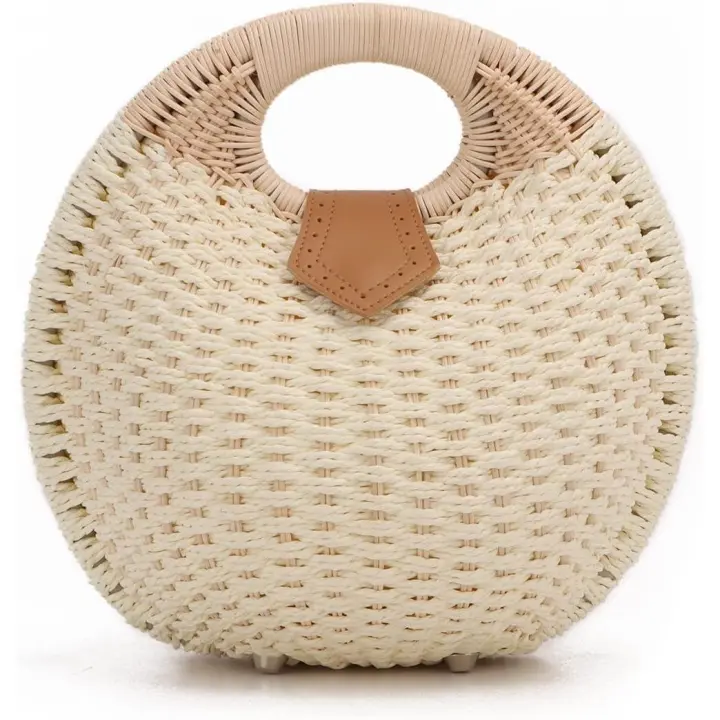 Monederos de paja para Mujer, Bolsa de ratán de Verano para Playa, Bolsa de mano con ASA Redonda, Bolsa de Concha Tejida by hand Retro - 1