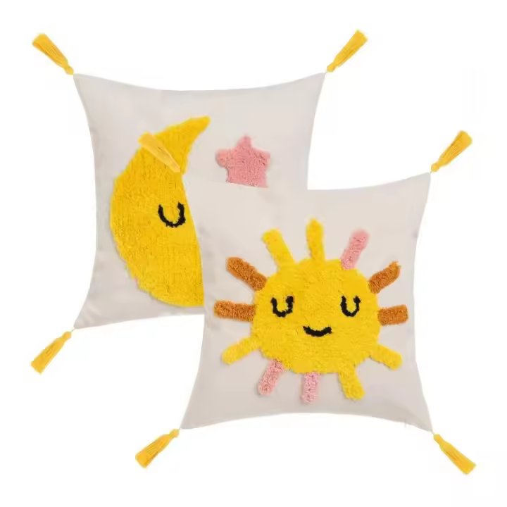 Dcasa Set de 2 cojines infantiles de sol y luna amarillos y blancos de tela pelo de 45x45 cm con relleno - 1