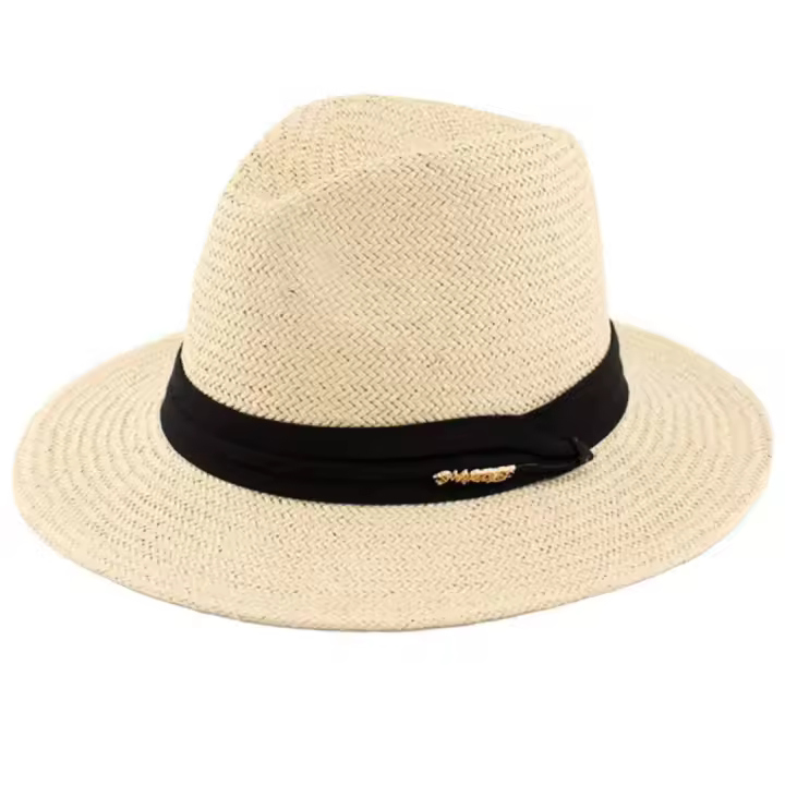 Kebedo Moda Sombrero Verano para Sol, Estilo Panamá, Sombrero Paja Hombre, Mujer con cinta decorativa para Playa, Piscina, Vacaciones, Montaña, Fiesta y Viaje, Diseño de ala Ancha Protección Solar, Talla Única ajustable Unisex Adulto, Beige - 1