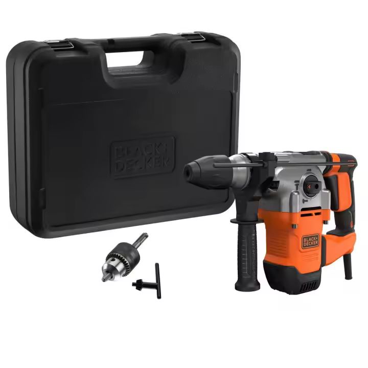 Black and Decker Martillo SDS-Plus, BEHS03K-QS, 1.250W 3 modos 3,7J, velocidad 0 - 900 rpm, cap. máxima (hormigón) 32mm, sistema anti-vibración. Incluye adaptador para brocas 13mm con llave, empuñadura lateral y maletín - 1
