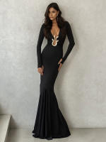 Vestido Largo Elegante Para Mujer Kliou Metálico Con Cuello Bajo Y Manga Larga Estilo Clásico Ajustado Alta Calle Moda Festival - details 10