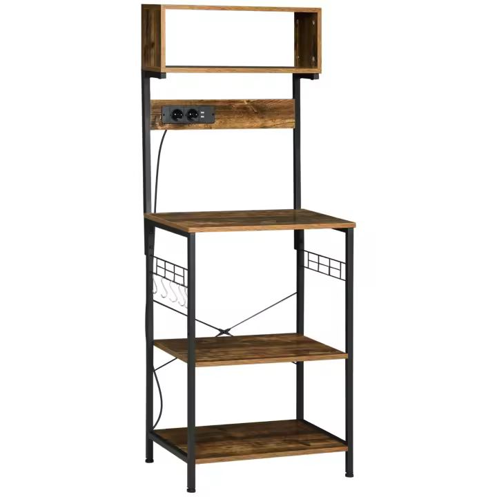HOMCOM Estantería de Cocina con 2 Cargadores USB Estantería para Microondas Mueble Auxiliar de Cocina con Toma de Corriente 5 Ganchos y Estante Ajustable 60x42x153 cm Marrón Rústico - 1