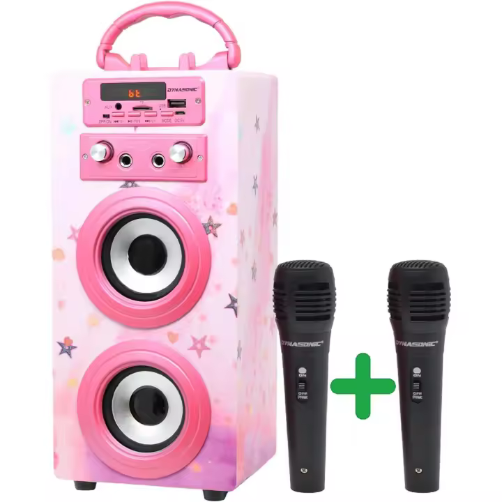 DYNASONIC (3º Generación- Altavoz Bluetooth Portatil Karaoke con Micrófonos Incluidos  Lector USB y SD, Radio FM Modelo 025 (Rosa Brillante) - 1