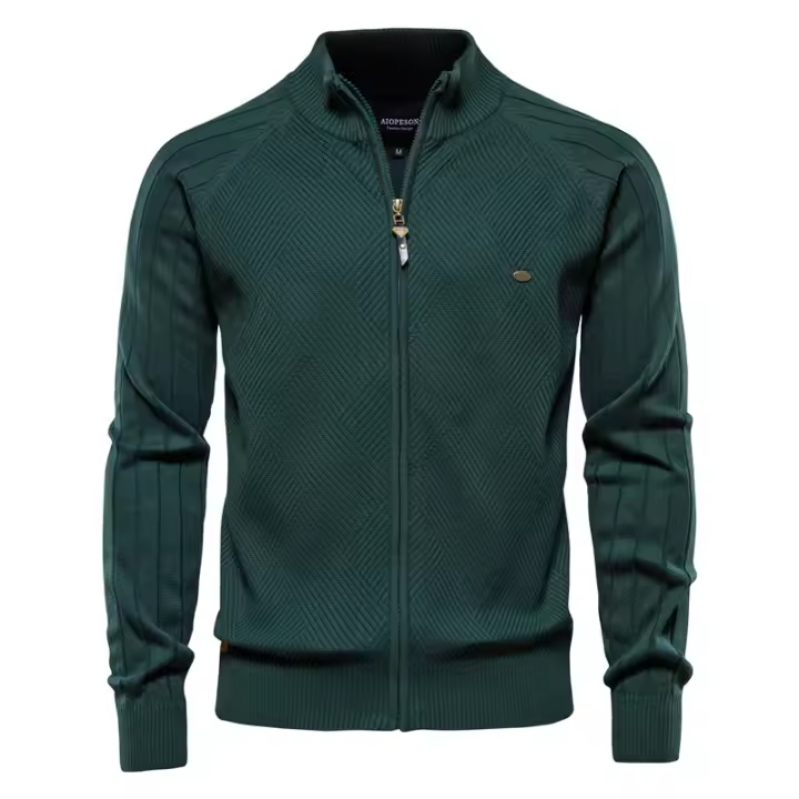 Suéter para Hombre, Chaqueta Cárdigan de Otoño para Hombre, Nuevo suéter Jacquard con Solapa de Color sólido, suéter Informal con Cuello Alto - 1