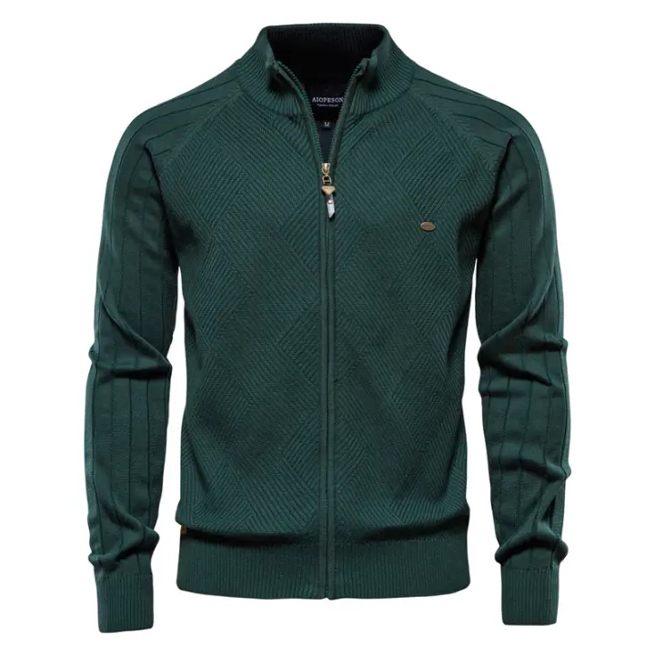Suéter para Hombre, Chaqueta Cárdigan de Otoño para Hombre, Nuevo suéter Jacquard con Solapa de Color sólido, suéter Informal con Cuello Alto - 1