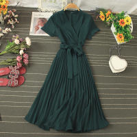 Nuevo Vestido De Verano 2026 Para Mujer Estilo Casual Con Cuello En V Manga Corta Lace up Pleated Chiffon Vestido De Cintura Alta - details 5