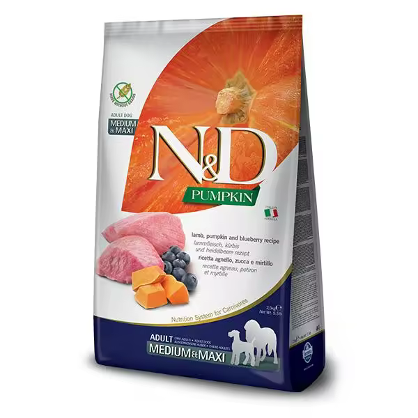 FARMINA N&D DOG PUMPKIN MEDIUM MAXI CORDERO 12KG / Alimento completo para perros adultos de razas de tamaño mediano, grande y gigante. Elaborado a base de cordero, calabaza y arándanos. - 1