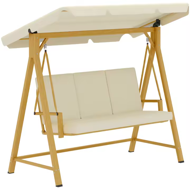 Outsunny Balancín de Jardín Exterior con Toldo Ajustable de 3 Plazas Columpio de Jardín Exterior con Cojines y Estructura con Veta de Madera Carga 330 kg 195x120x170 cm Beige - 1
