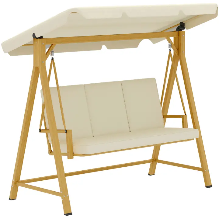 Outsunny Balancín de Jardín Exterior con Toldo Ajustable de 3 Plazas Columpio de Jardín Exterior con Cojines y Estructura con Veta de Madera Carga 330 kg 195x120x170 cm Beige - 1