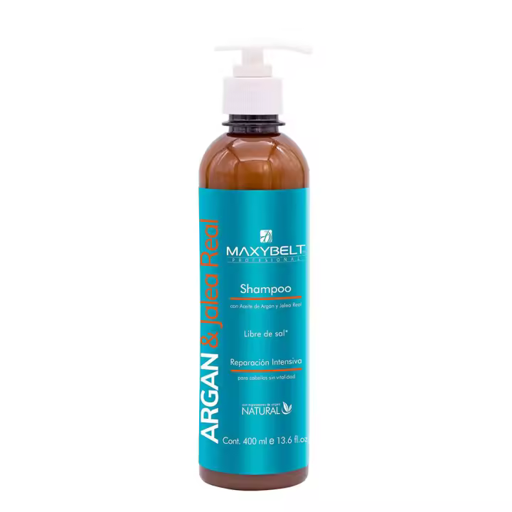 Maxybelt Profesional Champú con Aceite de Argán y jalea Real  400ml - Nutre y Repara. Especialmente diseñado para cabellos sin vitalidad, sin brillo y sedosidad. Ingredientes de origen natural, Libre de sal y sulfatos.  Para cabello débil. Para pelo seco. - 1