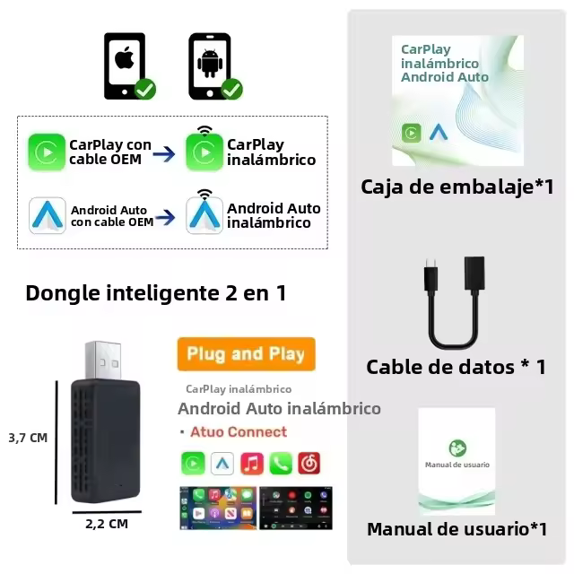 Adaptador 2en1 Inalámbrico Carplay Para Coche Android Auto Dongle Inteligente 2024 5G WIFI Compatible Con Volvo Benz Audi Kia Hyundai VW Mazda Cadillac - 1