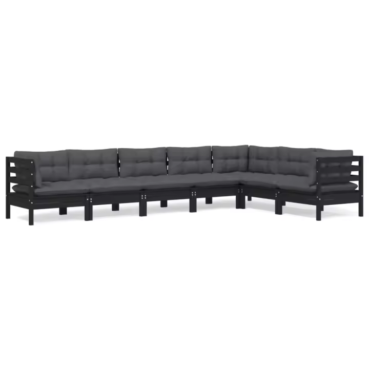 vidaXL Muebles de jardín 7 pzas y cojines negro madera maciza de pino - 1