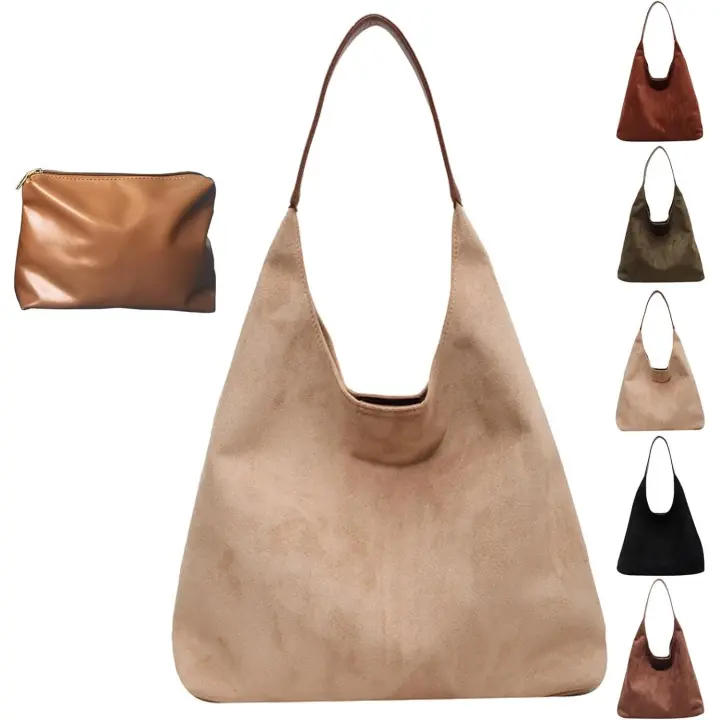Bolsos de cuero tipo hobo para mujer, bolso de mano holgado de gamuza, bolso de cuero marrón, bolso de hombro tipo hobo de gamuza - 1