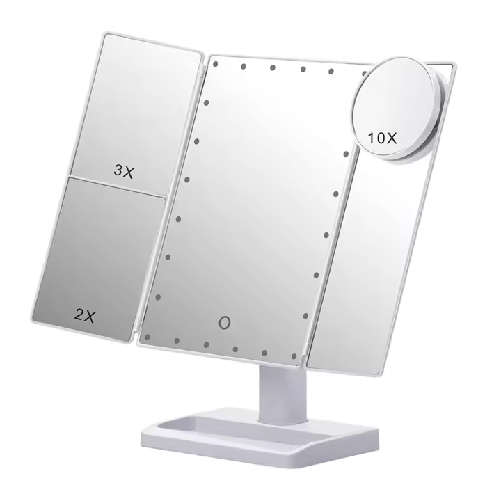 Espejo de maquillaje triple con 22 luces LED, espejo cosmético de escritorio de mesa plegable portátil con aumento de 10X/3X/2X, blanco - 1