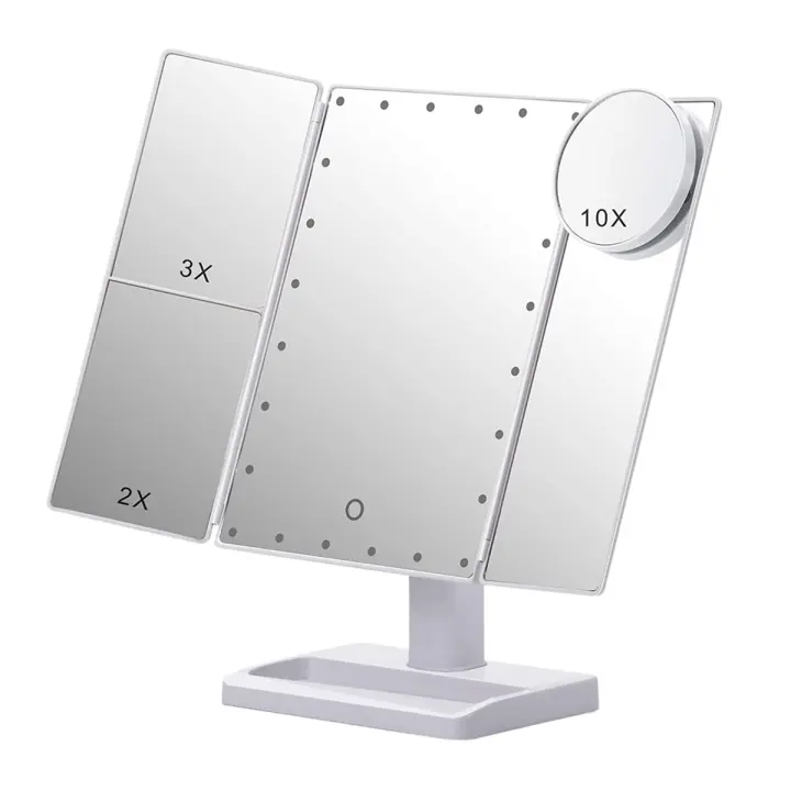 Espejo de maquillaje triple con 22 luces LED, espejo cosmético de escritorio de mesa plegable portátil con aumento de 10X/3X/2X, blanco - 1
