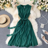 Vestido De Mujer YuooMuoo Estilo Coreano Verano 2025 Casual Sólido Sin Mangas Cinta Bandage Negro Vintage Elegante Vestido Midi O-Neck - details 6