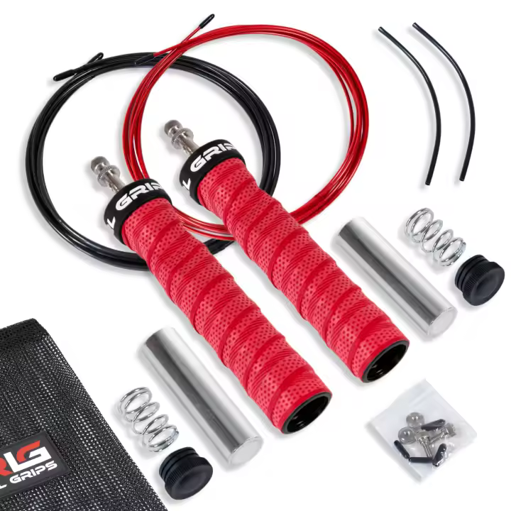 RL Grips® Comba de Velocidad para Cross Fitness Boxeo con Rodamientos 90º y Mango Antideslizante + Lastres + Recambios - Cuerda de Saltar Fitness Ajustable con Mango Ergonómico Profesional + Lastres de 135 gr + Cable y Tornillos de Repuesto - 1
