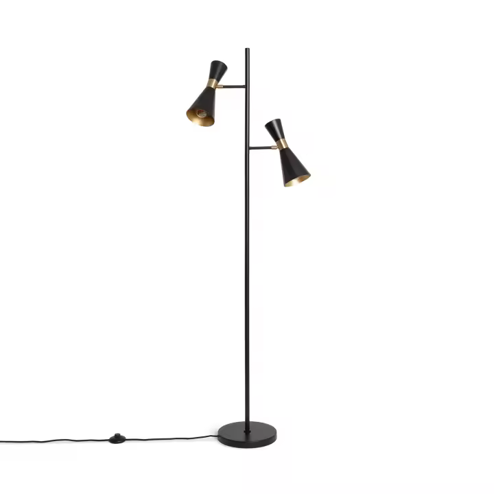 LEDKIA LIGHTING - Lámpara de Pie de Metal 2 Focos Jigger | Diseño Vintage-Industrial | Compatible con Bombillas E27 | Uso en Salón y Dormitorio, Negro/Dorado, Acero/Aluminio - 1
